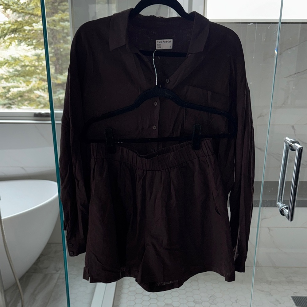 Frank & Oak Dark Brown Linen Button Down Shirt and Shorts Set